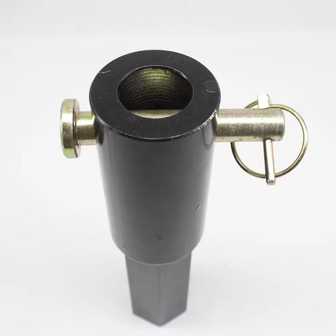 Beefy Heavy Duty Auger Adapter Converter 1.5 Inch Female Round To 2 Inch Male Hex Shaft Attachment, black steel with pin latch