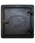 Chimney Cleanout Door Eight Inch Cast Iron With Flanged Frame For Masonry Install, front view of closed door, USSC emblem visible