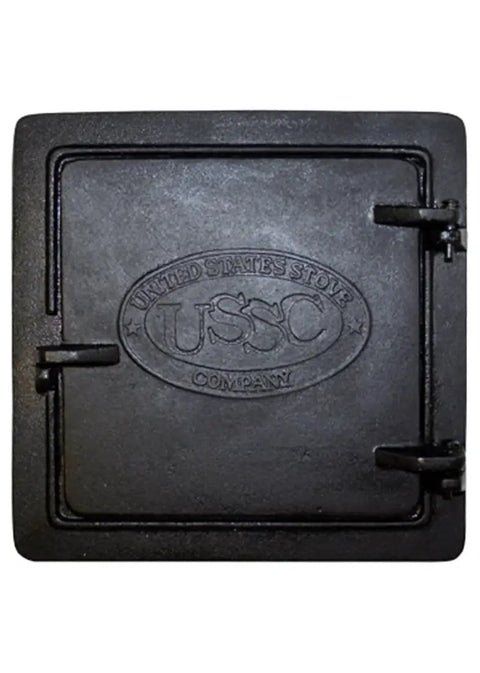Chimney Cleanout Door Eight Inch Cast Iron With Flanged Frame For Masonry Install, front view of closed door, USSC emblem visible
