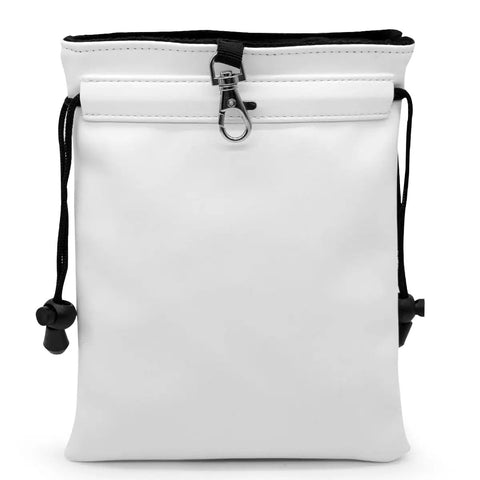 White Valuables Golf Pouch With Drawstrings Made From PU Leather, 6 By 7 Inch Tee Accessory Organizer For Men, front view