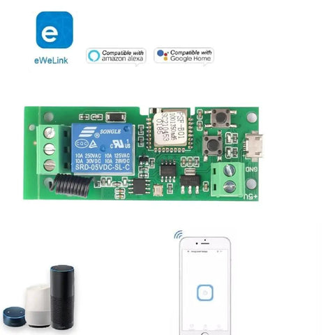 Wireless Smart Relay Module For Home Automation 5V Input With USB Or Screw Terminal 2.4G WiFi Only Dry Contact Relay Great For Access Control Garage Door PC Power EWeLink App Compatible, green PCB with relay and terminals