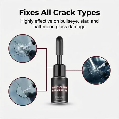 DIY Windshield Crack Repair Kit for Cars No Brainer, resin bottle with illustrations of chip star and line cracks