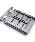 Upgraded Mini CNC Solder Paste Stencil Printer With Dual Sided PCB Fixture showing damped hinges and tool-free clamps