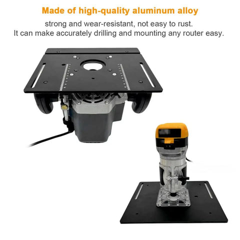 Rock Solid Router Table Insert Plate Set Of Three Durable Aluminum Milling Flip Boards Offering Killer Precision For Heavy Woodworking Trimming Plus Pro Woodshop Engraving with a router mounted on a table.