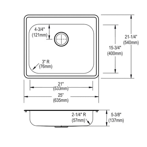 Diagram of GE125213 Dayton Single Bowl Drop In Stainless Steel Kitchen Sink, 25 by 21 1/4 inch basin, 5 3/8 inch depth