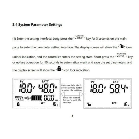 Display interface and parameter settings for the Heavy Duty 1000W Solar Charge Controller supporting 24V 48V 60V 72V EVs.