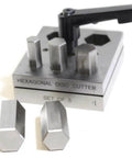 Hexagonal sheet metal cutter set with ergonomic handle, five precisely sized cutters in 10.5mm to 21mm for smooth metal shaping.