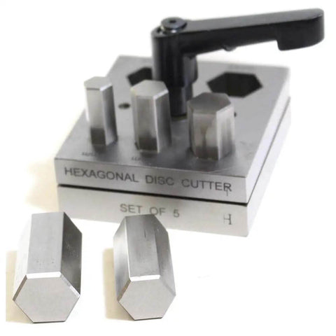 Hexagonal sheet metal cutter set with ergonomic handle, five precisely sized cutters in 10.5mm to 21mm for smooth metal shaping.