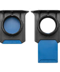 4 Inch Ready Mount Self Cleaning Blast Gate With Built In Bracket For Dust Collection High Airflow Performance Durable Polymer Construction Plug And Play Install Ideal For Woodshop Dust System in blue and black, front view