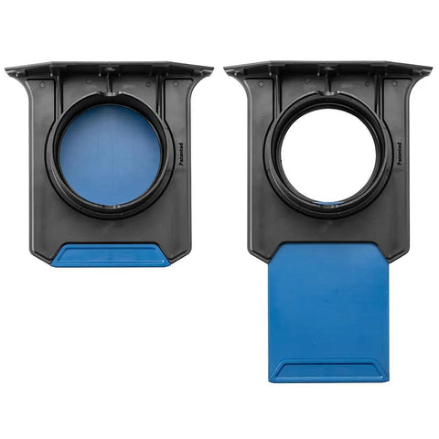 4 Inch Ready Mount Self Cleaning Blast Gate With Built In Bracket For Dust Collection High Airflow Performance Durable Polymer Construction Plug And Play Install Ideal For Woodshop Dust System in blue and black, front view