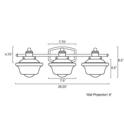 Dimensions of 26 Inch 3 Light Traditional Schoolhouse Vanity Light With Clear Glass Shades In Gray Finish for classic bath style