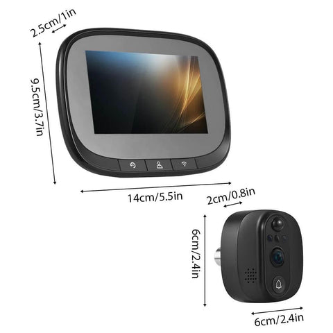 Smart Video Doorbell Camera With 4.3 Inch Display, WiFi Door Peephole Monitor, dimensions labeled, black color.