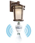 Plug And Play Smart Motion Sensor Light Adapter for E26 and E27 sockets under outdoor wall lantern with radar waves illustration.