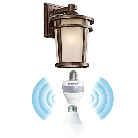 Plug And Play Smart Motion Sensor Light Adapter for E26 and E27 sockets under outdoor wall lantern with radar waves illustration.