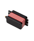 High Performance RC Servo With Steel Gears And Coreless Build Delivers Hella Fast Zero Point One Second Response Along With 35 Kg Cm Torque At Eight Point Four Volts Includes Forty Five Millimeter Arm For Serious Hobby Upgrades, black and red design, compact size.