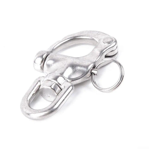 316 Stainless Steel Swivel Bail Snap Shackle Hook 70mm For Marine Rigging On Boats And Yachts Rock Solid Heavy Duty Silver, Rotates Freely To Prevent Line Twist, Safe Working Load Up To 700kg, Breaking Strength 1800kg. 70mm 316 stainless steel swivel shackle with ring