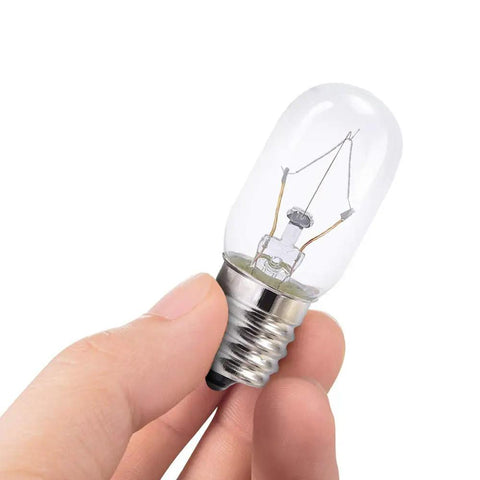 Person holding a Six Pack 125V 25W Microwave Light Bulb T8 E17 Base Clear Glass Replacement, showing the bulb size and glass finish.