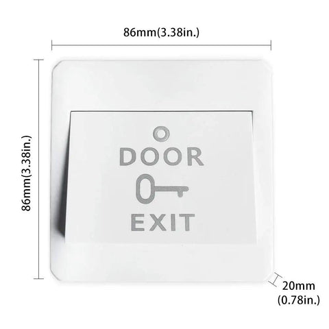 White door exit button with key icon, measuring 86mm x 86mm x 20mm, for DSW120 Electric Commercial Swing Door Closer application.