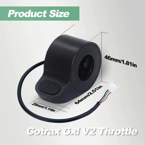 Electric Scooter Thumb Throttle Replacement With Female Plug For Gotrax GXL V2 And Apex Series Plus Hibo S2 S2 Pro Megawheel S10 XR Elite Plug And Play Speed Control Accessory showing product size dimensions.