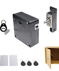 Easy Install RFID Electronic Cabinet Lock Hidden DIY Kit for Wood Cabinets and Drawers includes lock, cards, and keyfobs.
