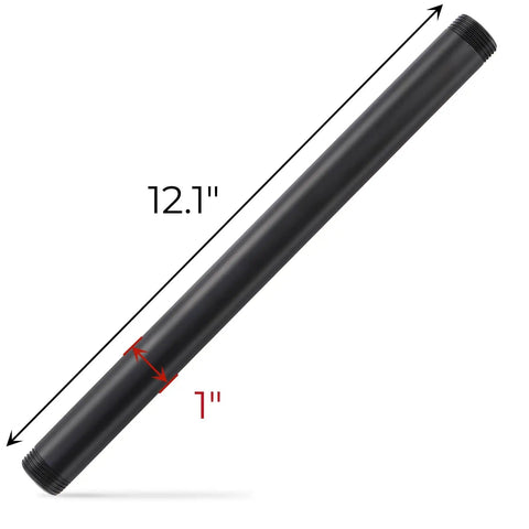 Diagram of a black iron pipe nipple, dimensions 12.1 inches long and 1 inch wide, part of 10 Pack Black Iron Pipe Nipples 3/4 Inch By 12 Inch Matte Finish