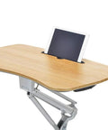 Hassle Free Pneumatic Sit Stand Laptop Desk Cart with smooth lever adjustments showcasing a wooden top holding a tablet.