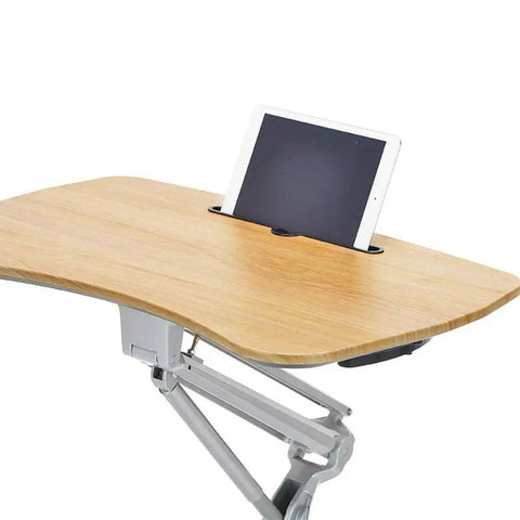 Hassle Free Pneumatic Sit Stand Laptop Desk Cart with smooth lever adjustments showcasing a wooden top holding a tablet.