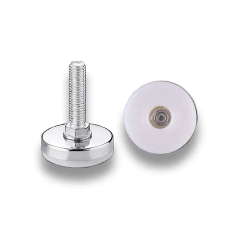 16 Piece Heavy Duty Screw On Furniture Glides Kick Out The Wobble With Rock Solid Adjustable Leveling Pads For Tables Chairs And Couches Super Sturdy White Base Anti Scuff Floor Guards shown with a chrome screw-on base.