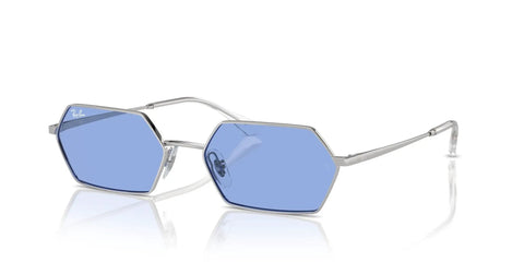 Hexagonal Silver Sunglasses With Blue Bio-Nylon Lenses, 58 Mm, Eco-Friendly Frame Made From Castor Oil, 100 Percent UV Protection