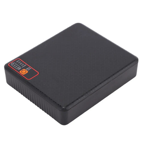 Rock Solid Compact Ups Battery Backup With 12000Mah for routers, slim black design, front LED and power buttons.
