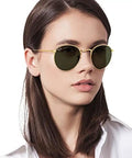 Woman wearing RB3447N Round Metal Sunglasses with Flat Lenses Gold Frame and Green G-15 Lenses Unisex 50mm Classic Round Style
