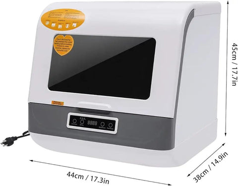 Smooth Operator Countertop Dishwasher With Three Reliable Wash Cycles Heated Dry Setting And Rotating Spray For Sparkling Dishes, compact appliance in white and grey.