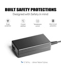 18V Universal AC Power Charger With 7 Tip Adapters, 2.69A Peak Output, shows built safety protections and dimensions