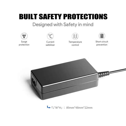 18V Universal AC Power Charger With 7 Tip Adapters, 2.69A Peak Output, shows built safety protections and dimensions