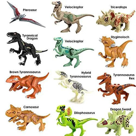 20 Piece Dino Figures Set For Jurassic World Building Blocks with moving parts like T Rex, Velociraptor, Triceratops, Dragon, Stygimoloch