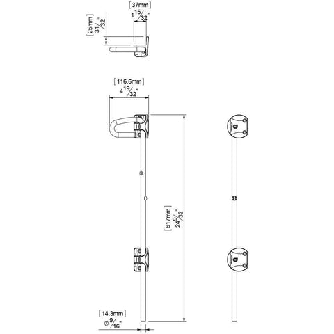 Technical drawing of Padlockable Drop Bolt With Padlock Storage For Square Post Metal Gates 24 Inch Length, dimensions labeled.