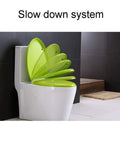 Smooth Closing Oval Toilet Seat With Silent Slow Close Hinges And Snap Quick Release. Green lid in open position.