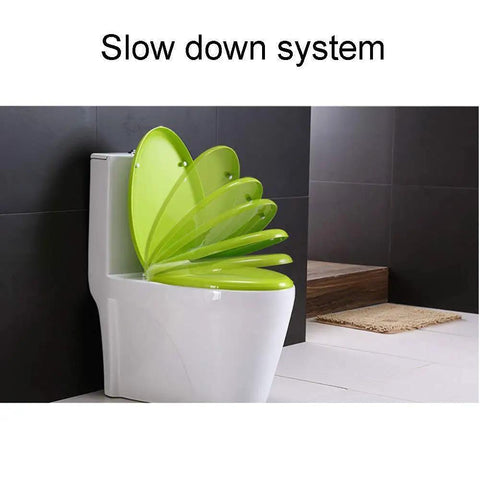 Smooth Closing Oval Toilet Seat With Silent Slow Close Hinges And Snap Quick Release. Green lid in open position.