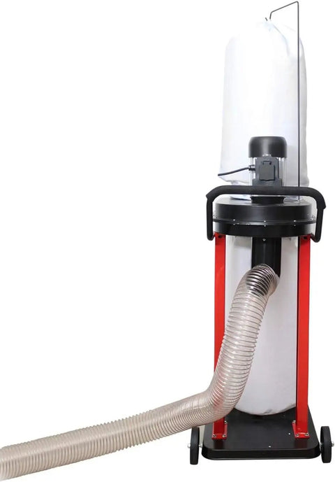 This Badass 1.2 HP Auto Start Dust Collector Kicks Out 750 CFM Of Shop Air For woodworking shops, featuring a clear hose.