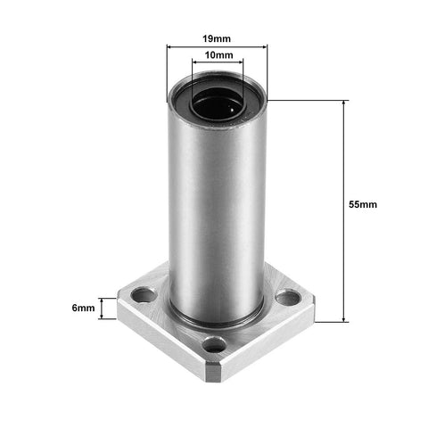 uxcell LMK10UU extra-long square flange linear ball bearing; 10mm bore, 19mm OD, 55mm length with four mounting holes