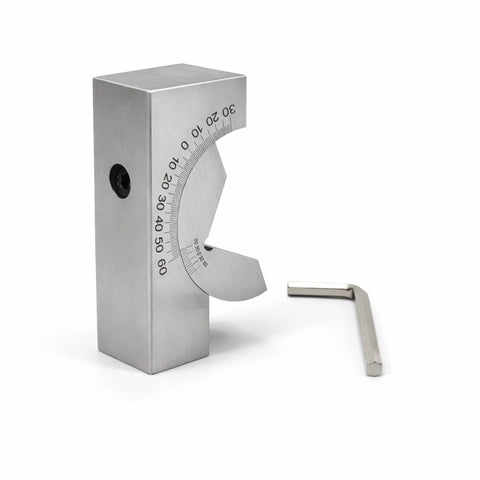 Front view of stainless steel adjustable angle V-block milling gauge with 0–60° scale and wrench