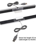 USB Wired Infrared Sensor Bar For Nintendo Wii And Wii U Replacement Sensor Bar With Clear Stand Plug And Play Setup For Dolphin Emulator And PC Great For Retro Gaming Silver And Black. Showing sensor bar and cable