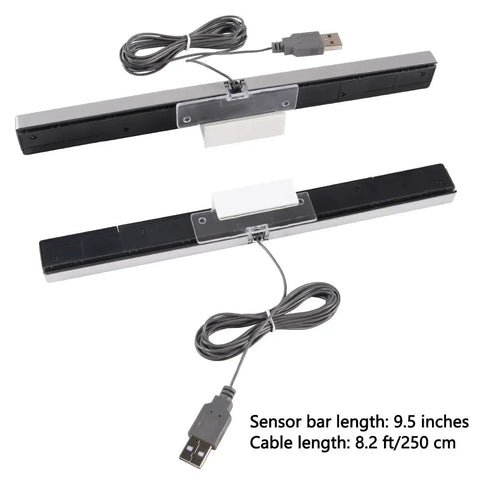 USB Wired Infrared Sensor Bar For Nintendo Wii And Wii U Replacement Sensor Bar With Clear Stand Plug And Play Setup For Dolphin Emulator And PC Great For Retro Gaming Silver And Black. Showing sensor bar and cable