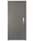 Front view of Quick Mount Steel Security Door With Frame And Hardware Gray Left Side Hinged Inward Swing Adjustable Width