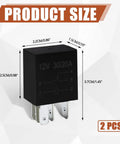 2 Pack 5 Pin 12V 30A Relay showing size dimensions and compact design for automotive applications.