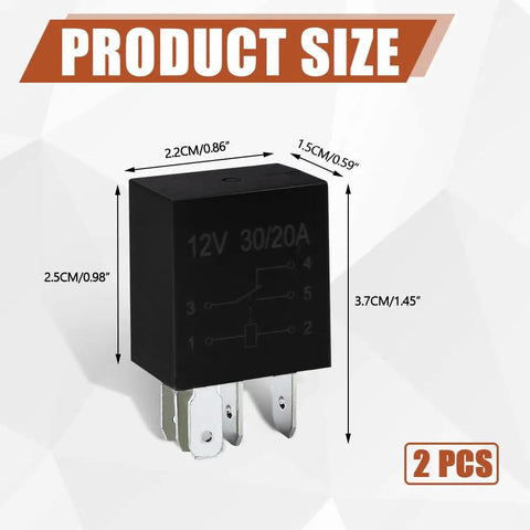 2 Pack 5 Pin 12V 30A Relay showing size dimensions and compact design for automotive applications.