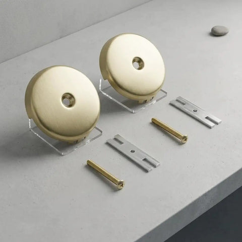 ANDRESLAD Single Hole Bathtub Overflow Drain Plate Pack of 2 with Screw in gold, displaying two round overflow plates and screws.