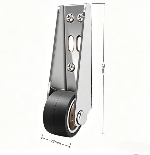 Built Tough Vertical Track Roller Wheels For Barn Doors And Cabinets Zero Wiggle Bottom Slide Guides With Rubber Treads Keeps Heavy Doors Running Smooth Without Sagging Set Of Two, close-up view with dimensions.
