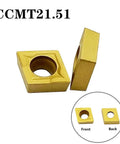 Pro Grade 50 Pack CCMT21.51 CCMT060204 carbide turning inserts, multilayer coated, shown in front and back view, for lathe turning.