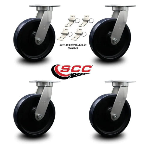 12 Inch Extra Heavy Duty Swivel Caster Set Featuring Blue Polyurethane On Cast Iron Wheels With Bolt On Swivel Locks for smooth cruising